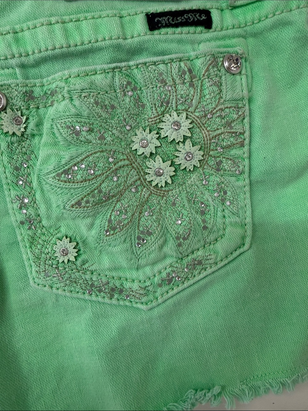 Miss Me Mint Green Denim Cutoff Shorts - Picture 6 of 8